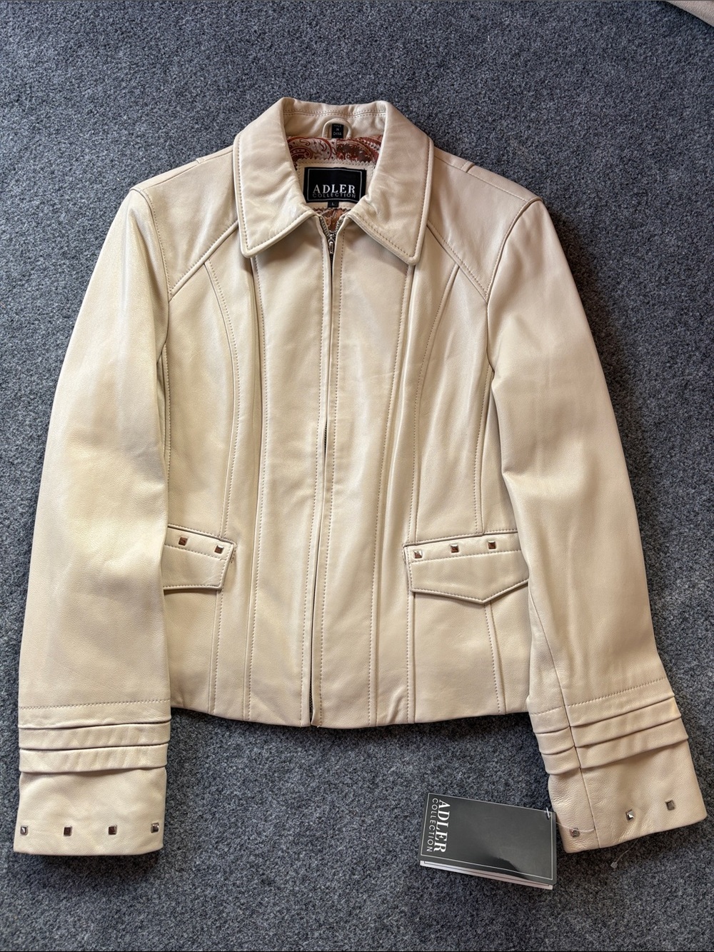 Adler Women's Cream Leather Zip Front Jacket - Studded Accents - Size Large